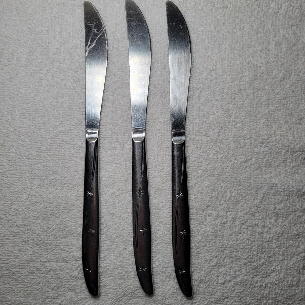 Vintage Atomic Starburst Stainless‎ Steel Dinner Knives Set of 3 MCM North Star